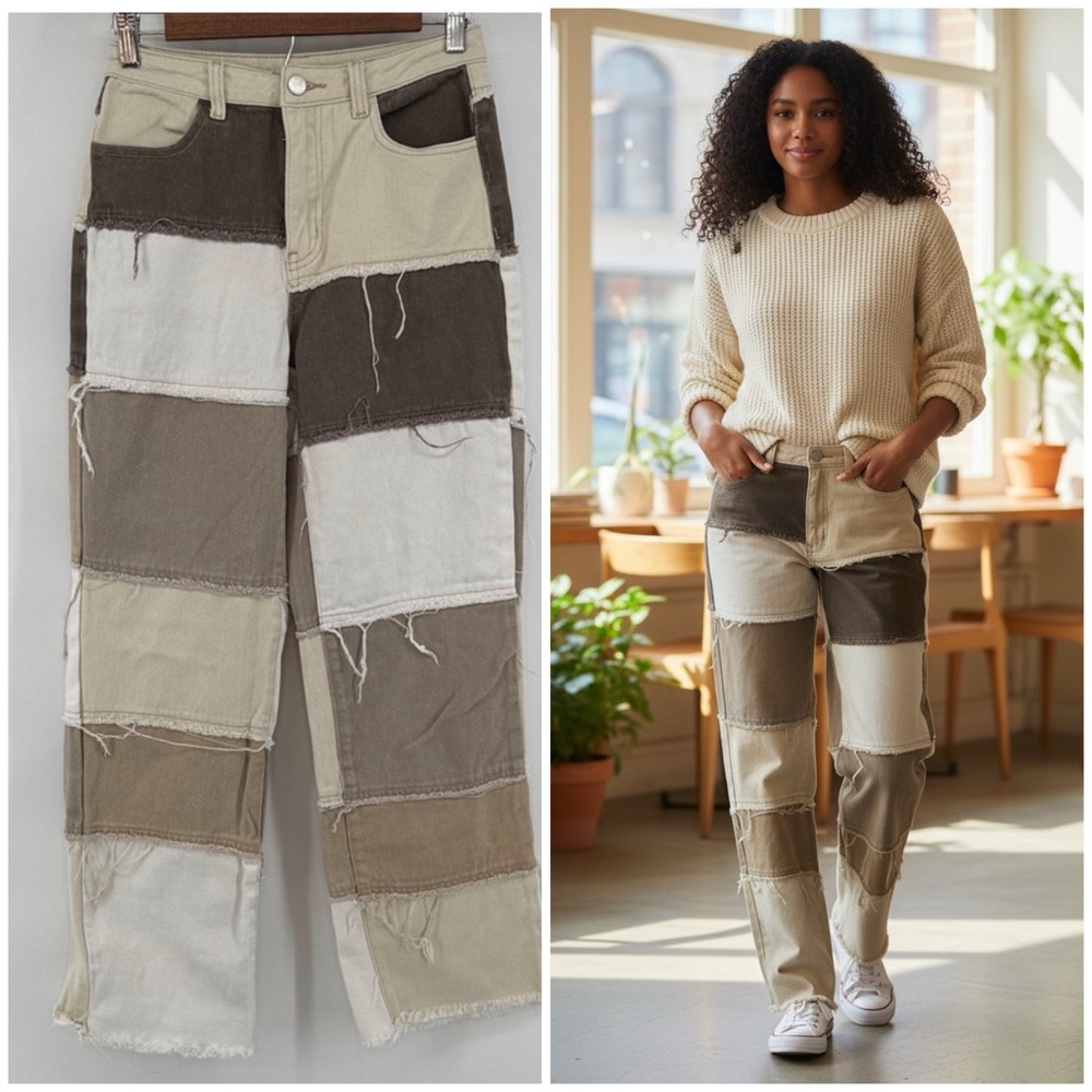 Y2K Retro Patchwork frayed Women's Brown and Cream Jeans Size 26 Boho Western